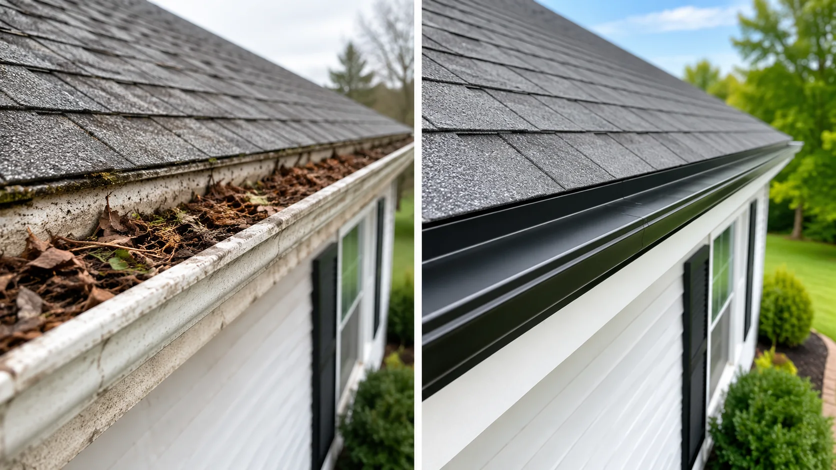Before and after gutter and exterior improvement on a Northwest Florida home
